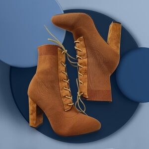 Brown Knit Sock Booties Size 9 - Chic Lace-Up Heels In Like New Shape